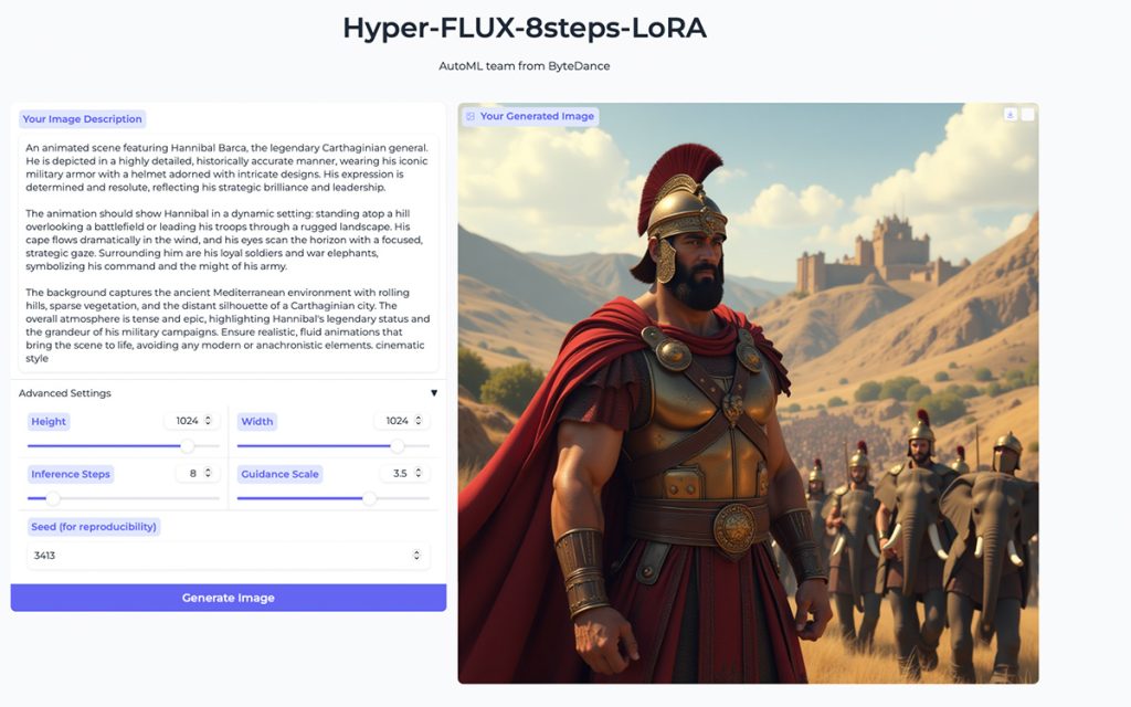 image representing AI creativity and innovation with the Hyper-FLUX-8steps-LoRA model on Hugging Face Spaces, showcasing free tools for digital content generation
